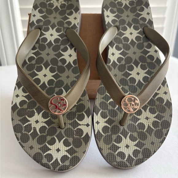 Coach Shoes - Coach Logo Flip Flop Sandals in Taupe with Rose Gold Medallions